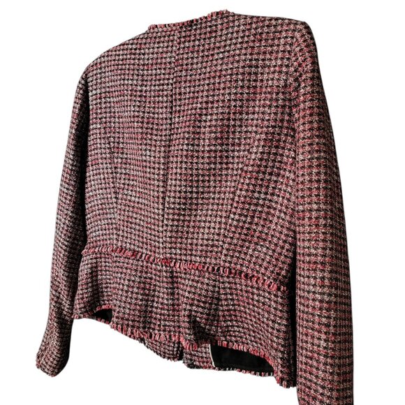 White House Black Market Red Black Tweed Fringe Moto Work Blazer Jacket Size 12 - Picture 5 of 11